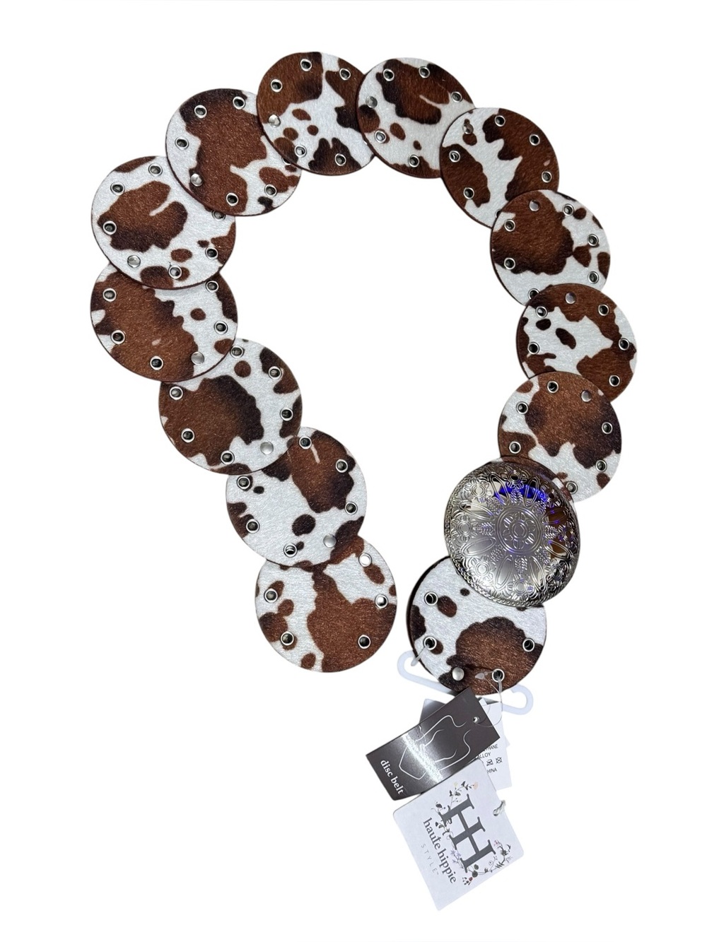 HAUTE HIPPIE Meghan Faux Cow Disc Belt S/M Brown/White $40 Retail NWT - Picture 2 of 8